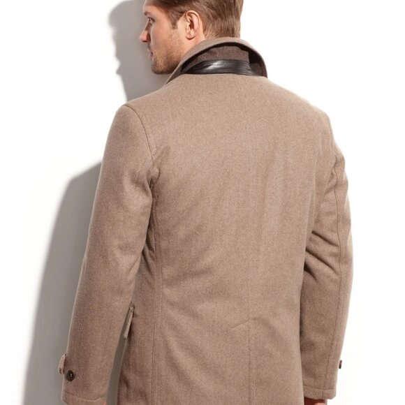 Michael Kors Delta Wool-Blend Faux-Leather-Trim Peacoat Men’s Large Brown - Picture 2 of 16
